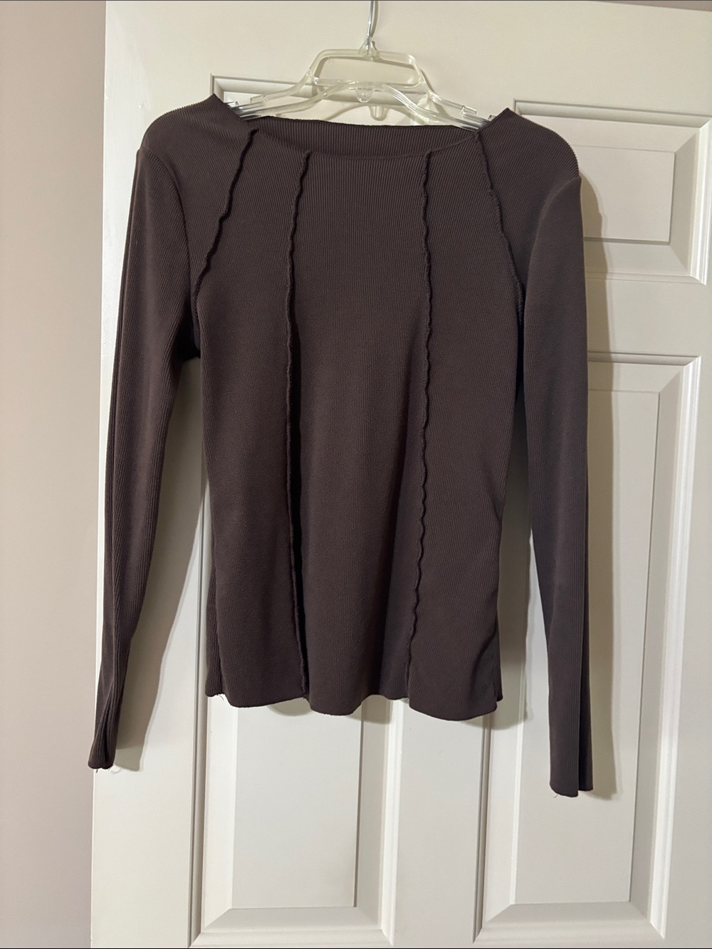 SHEIN Dark Brown Long Sleeve Ribbed Top with Raw Seam Detail